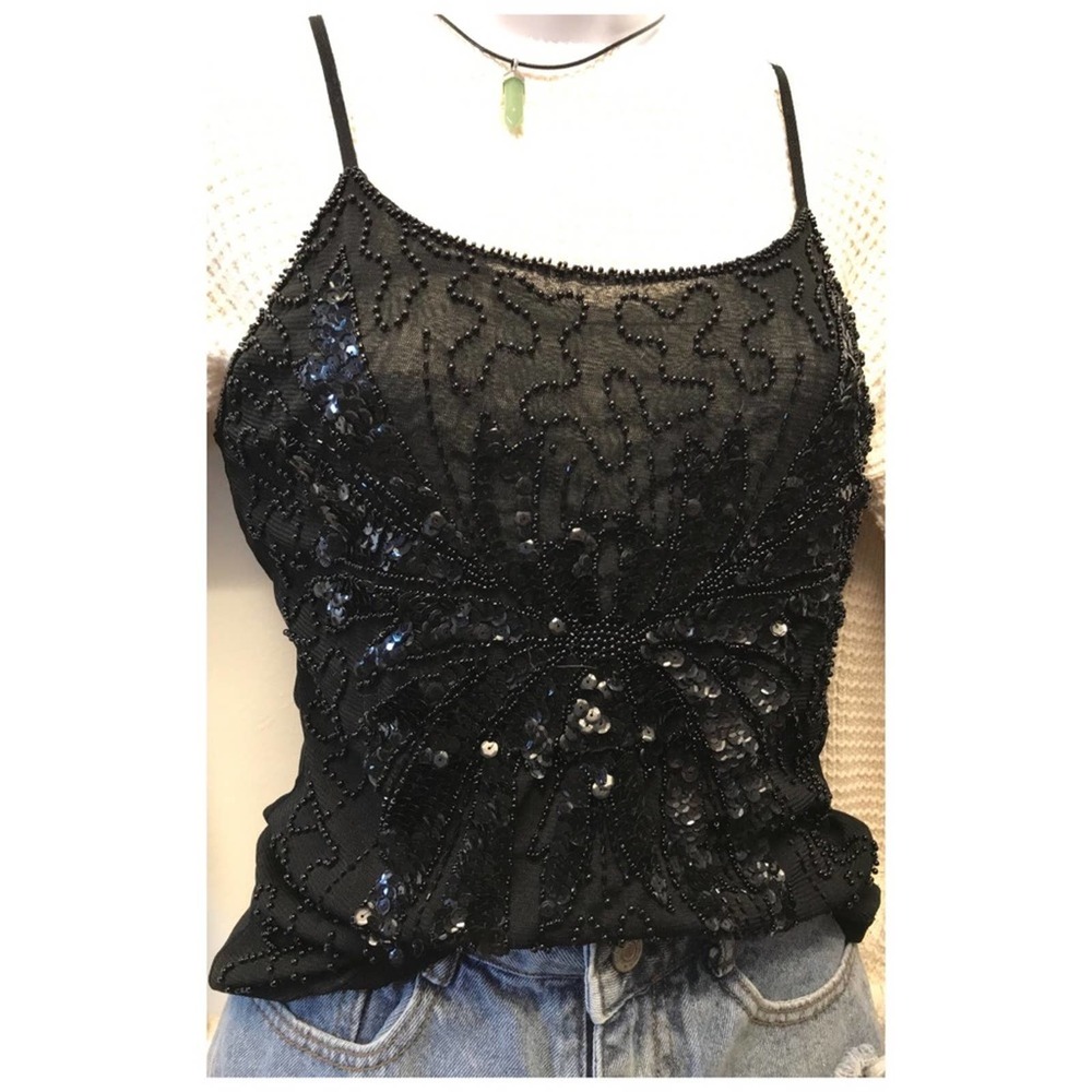 Sheer & Embellished Black Beaded Tank Top •